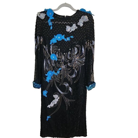 French Collezioni Vintage One Of A Kind Silk Beaded Midi Cocktail Dress Size M - Picture 1 of 9